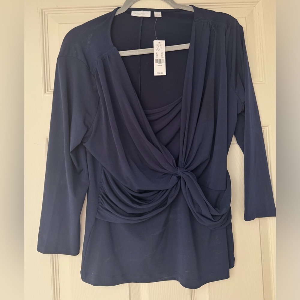 New York & Co. Navy Blue Draped Twist-Front Long Sleeve Top / Size Large NWT